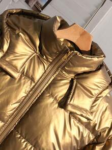 Abrigo acolchado con capucha de talle ceñido y solapa única para adolescentes, adecuado para uso casual, ir al trabajo y citas, invierno - Marrón - Ver 8