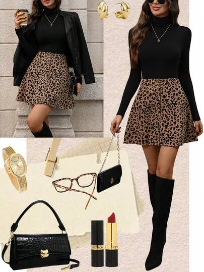 EMERY ROSE Falda acampanada con botones de pana con estampado de leopardo para mujer