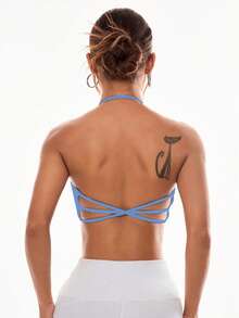 Easithlete Women's Solid Color Halter Neck Everyday Fitness Sports Bra Open Back Sports Bra Sports Bra Adjustable Strap Backless Workout Tops Halter Sports Bra - Blue - View 2