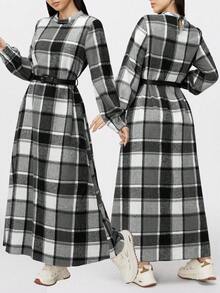 Mulvari 女士格子长袖优雅休闲阿拉伯连衣裙 - 灰色 - 查看 1