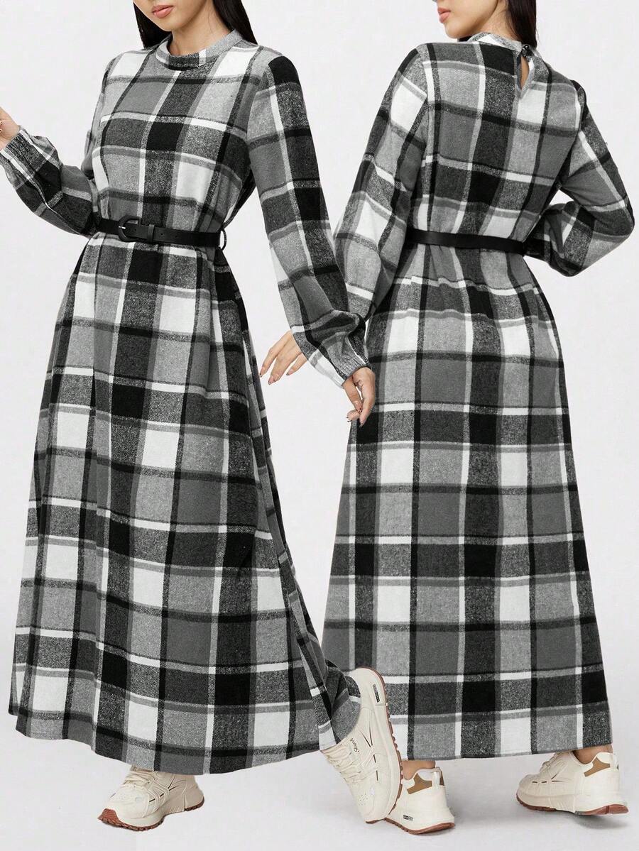 Mulvari 女士格子长袖优雅休闲阿拉伯连衣裙 - 灰色 - 查看 1