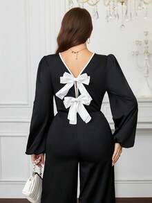 SHEIN Clasi Plus Size Women's Elegant French Style Autumn Bow Backless Black And White Contrast Color Keyhole Neck Long Sleeve Jumpsuit For Dinner Christmas - Black and White - View 2