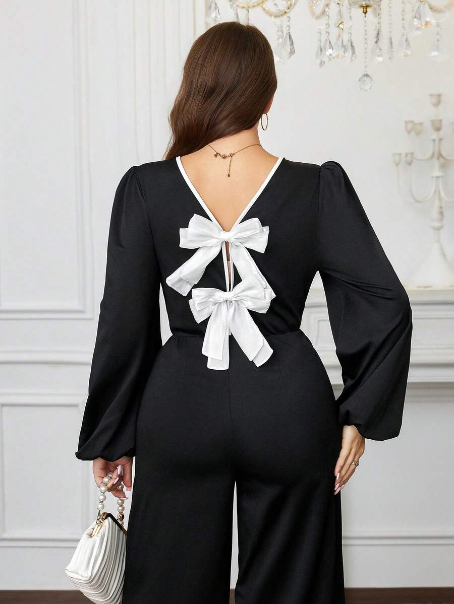 SHEIN Clasi Plus Size Women's Elegant French Style Autumn Bow Backless Black And White Contrast Color Keyhole Neck Long Sleeve Jumpsuit For Dinner Christmas