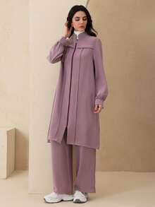 Graceveil Fitted Elegant Solid Color Zipper Long Sleeve Outerwear Arabic Style Women Outfit, Autumn/Winter - Purple - View 4