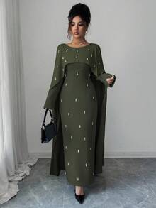 Elenzga 女士优雅长款绿色军装连衣裙，新年礼服，感恩节服装，优雅派对礼服，长款派对礼服，婚礼宾客礼服，时尚婚礼晚礼服，闪亮连衣裙 - 軍綠色 - 查看 7