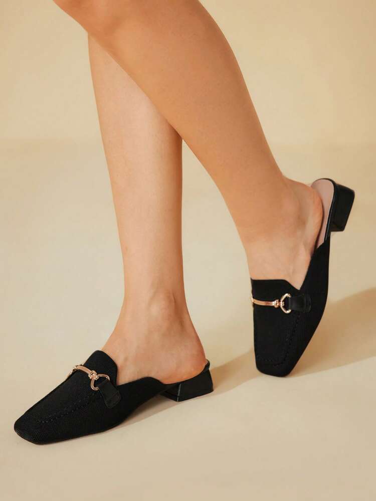 CUCCOO BASICS Women's Low Heel Square Toe Fashion Black Knit Metal Buckle Comfortable Slip-On Mules, Suitable For Daily, Commute, And Dates For Christmas