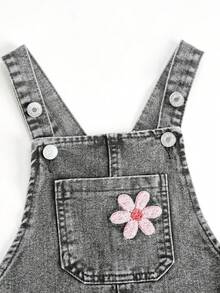 Young Girl Floral Print Pocket Design Wide Leg Casual Denim Jumpsuit