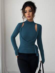 Elenzga 时尚不对称休闲通勤舒适轻盈镂空露肩二合一隐形交叉肩带宽松针织毛衣 - 水鴨藍 - 查看 3