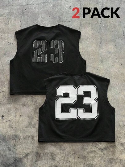 AXEPEAK 男士无袖上衣，饰有水钻数字图案