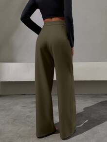 SHEIN Tall Elegant Style, Half Faux Leather Belt Detailed Straight Fit Pant - Army Green - View 2