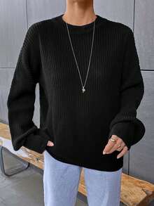 EURMUSE Casual Solid Color Drop Shoulder Sweater, Autumn/Winter - Black - View 6