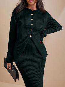 EURMUSE Women Solid Color Front Button Rib Knit Cardigan & Sweater Skirt Set - Dark Green - View 2