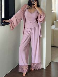 DAZY 3件套蕾丝拼接睡袍、吊带背心和裤子女士睡衣套装，秋冬服装 - 淡紫色 - 查看 6