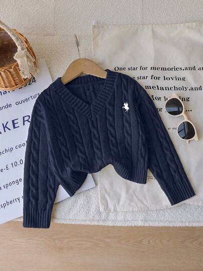 Sparklyn 1pc Girls Classic Cable Knit Pullover Sweater, V-Neck Slim Fit Long Sleeve Regular Thickness Knitted Top With Black Horse Embroidery Decor, Comfortable & Versatile For Spring/Autumn, Casual Daily Wear Or Outdoor Activities Navy Blue Sweater Girls Kids Sweaters For Girls Blue Cardigan Kids