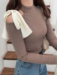 FRIFUL 女士高领露肩撞色蝴蝶结修身长袖T恤，甜美可爱女士上衣，秋季款