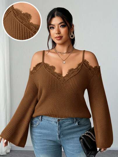 Elenzga 女士优雅复古性感露肩蕾丝拼接喇叭袖修身加大码套头毛衣，哥特风Y2K蕾丝饰边露肩长袖短款上衣，春夏秋季