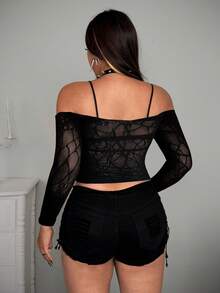 Whyspr Blusa de manga larga sexy y calada para mujer de talla grande - Negro - Ver 6