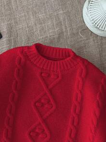 SHEIN LMoss Kids 苔藓米色长袖毛衣，可爱百搭的女婴冬季服装 - 紅色 - 查看 3