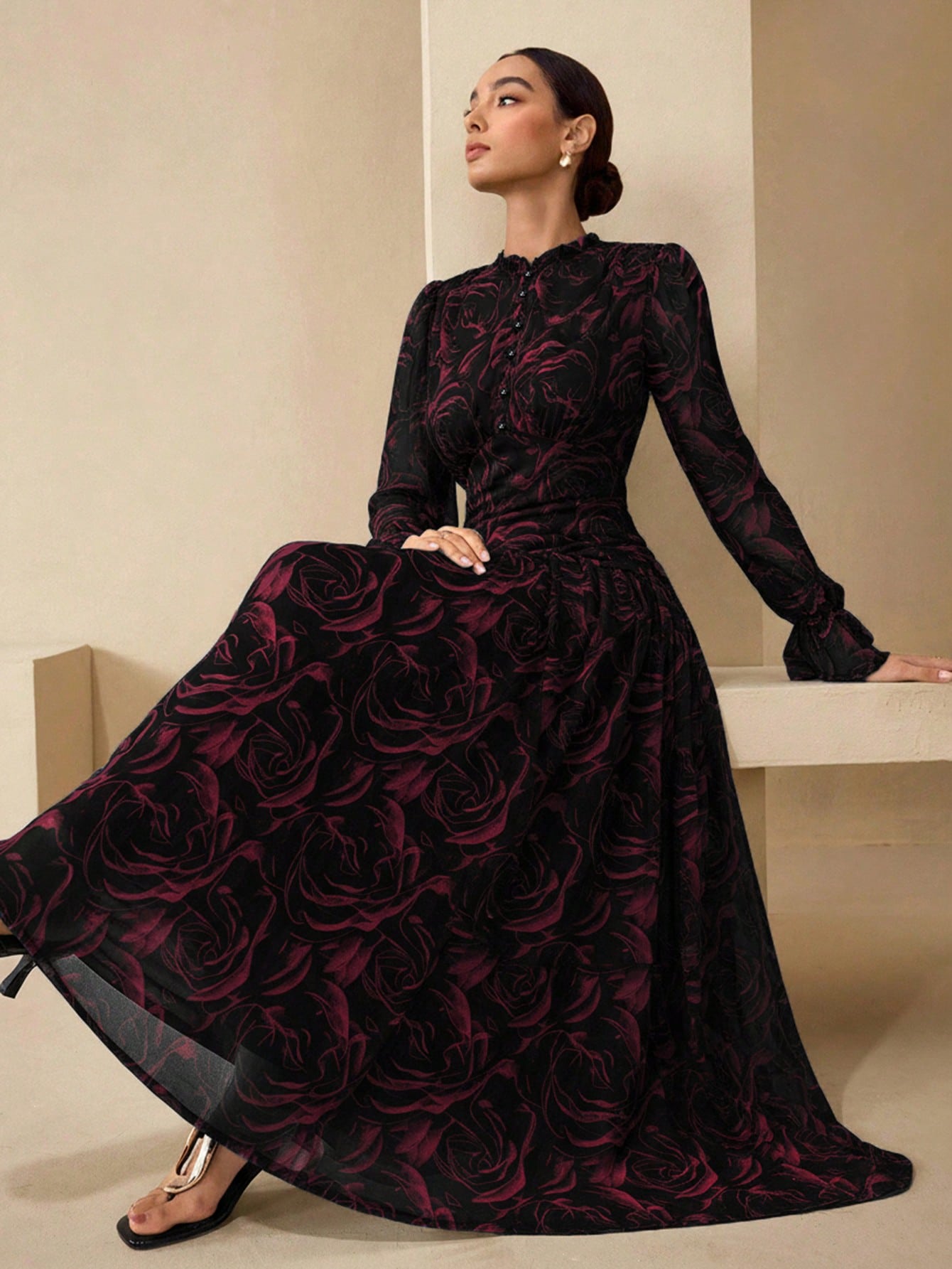 Graceveil فستان مطبوع بزهور الشيفون مع أكمام مكشكش...