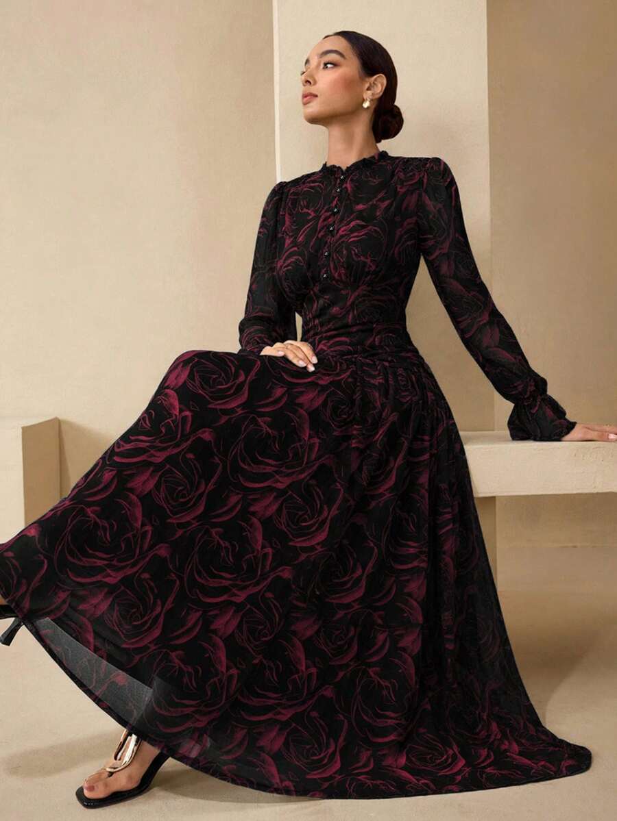 Graceveil Váy ôm họa tiết hoa voan tay bèo nhún dành cho nữ - Nhiều màu - Xem 1