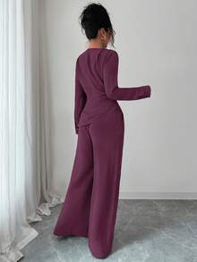 SHEIN Raffinéa 2pcs Women Solid Color Fold Hem Asymmetrical Hem Long Sleeve Set - Purple - View 2