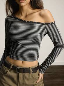 Easelle 女士时尚通勤条纹单肩短款T恤 - 深灰色 - 查看 5