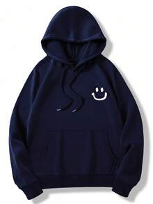 EURMUSE 100% Cotton Men's  Face Embroidered Fitted Hoodie - Navy Blue - View 5