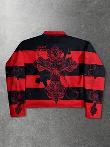 ROMWE MEN Street Life 男士复古圣母玛利亚条纹英文图案印花套头衫卫衣，街头美式风格 - 紅色 - 查看 2