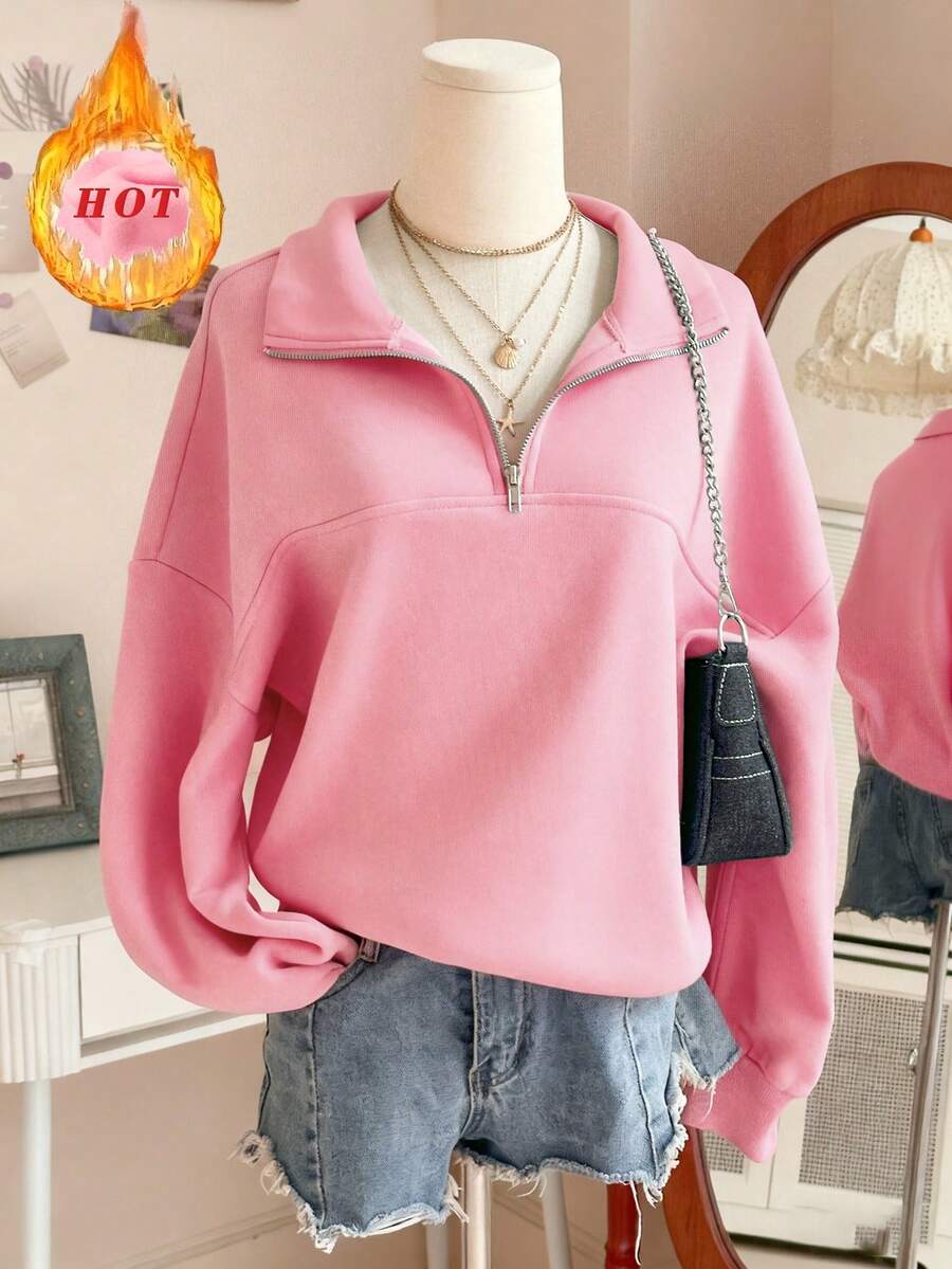 Lalippa Women's Loose Split Zipper Collar Solid Color Fleece Drop Shoulder Sweatshirt, Autumn/Winter - Pink - View 1