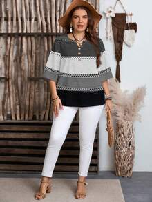 EMERY ROSE Camisa holgada de mujer talla grande con cuello redondo, mangas 3/4 y patrón de rayas de bloques de color para otoño/invierno - Blanco y Negro - Ver 4
