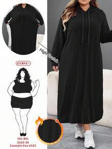 SHEIN CURVE+ Plus Size Women Ribbed Fabric Long Sleeve Hooded Loose Dress/Winter - Black - View 1