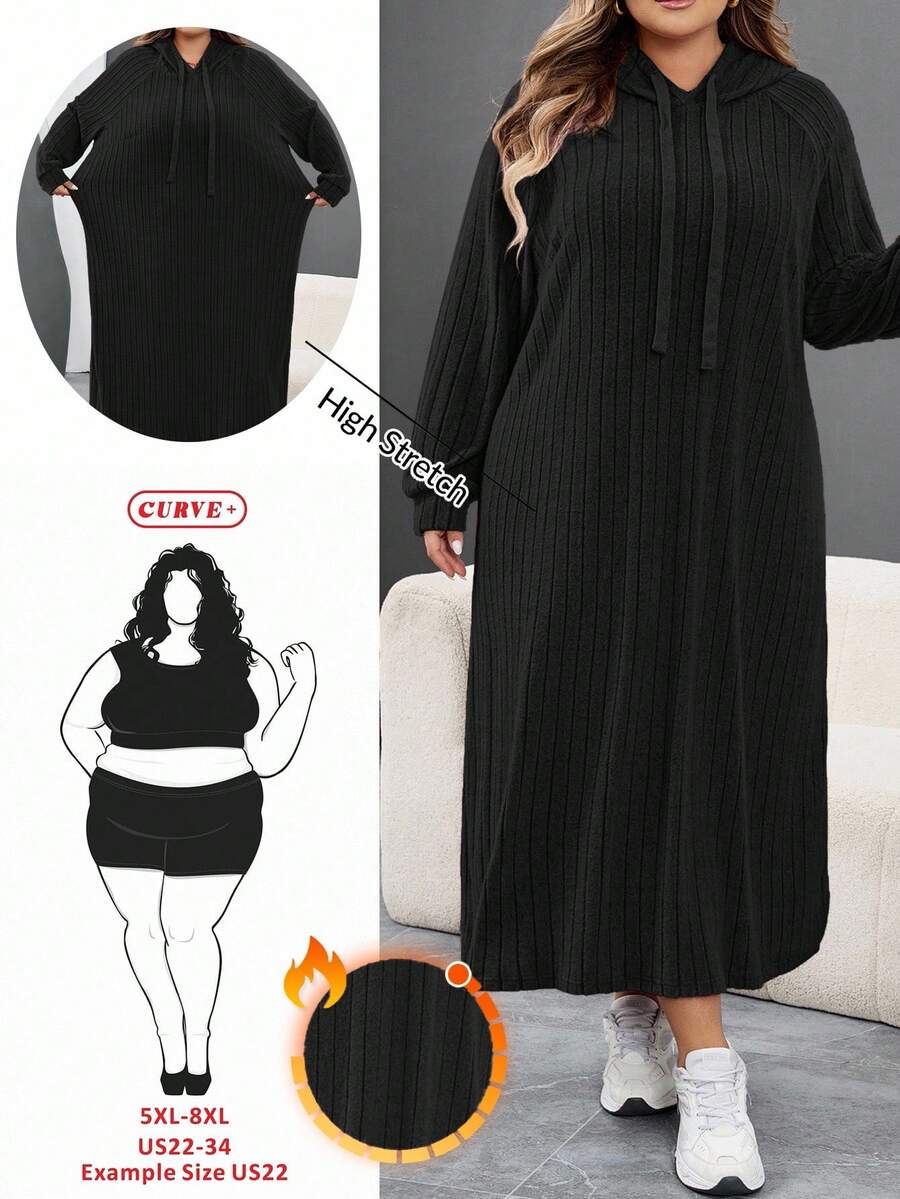 SHEIN CURVE+ Plus Size Women Ribbed Fabric Long Sleeve Hooded Loose Dress/Winter - Black - View 1