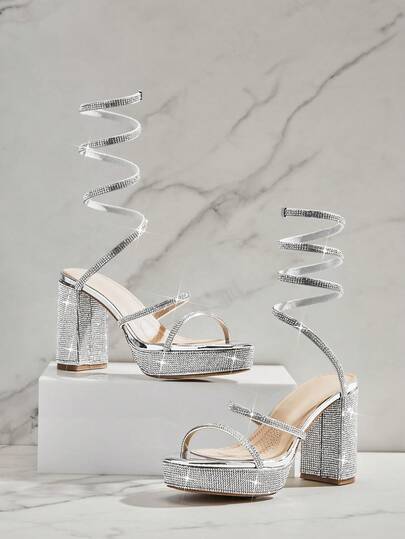 SHUZIA #ClubReady Women's Rhinestone Spiral Strap Chunky Heel Platform Dress Sandals – Sparkly Party Glam, Statement Look. For Christmas Valentine's Day