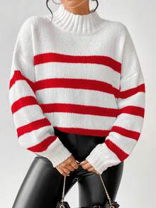 SHEIN LUNE Striped Pattern Stand Collar Casual Versatile Long Sleeve Pullover Sweater - Red and White - View 4