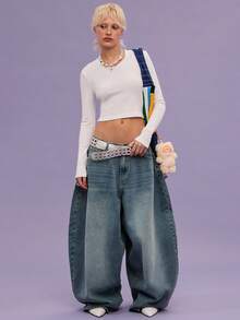 COUREZ 低腰宽松牛仔裤，浅蓝色水洗，街头休闲，Y2K风格，休闲音乐节风格，棉质牛仔布，复古棉质 - 藏蓝色 - 查看 4