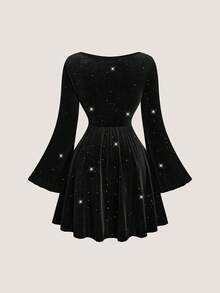 Sweetra Plus Size Elegant Velvet Sequin Flare Sleeve Dress - Black - View 2