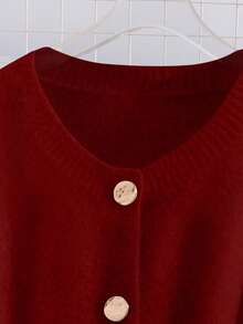 SHEIN Franclia 女士圆领纽扣配腰带长款针织毛衣裙 - 紅色 - 查看 4
