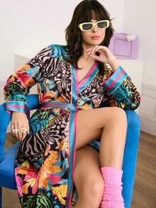 Chillnights 女士花卉植物图案缎面系带真丝睡袍，适合夏秋冬季穿着 - 彩色 - 查看 4