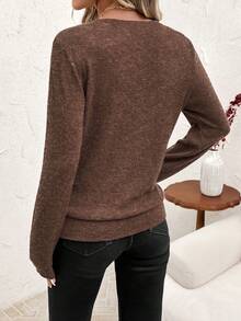 SHEIN Clasi Maglione casual lavorato a maglia con spalle scoperte, maniche lunghe e vestibilità ampia, in colore unito, adatto per l'autunno, l'inverno, il Capodanno e il Natale - Castano - Visualizzare 2