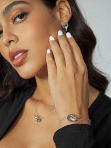 CUCCOO SZL 4件套不锈钢镀金罗马数字花朵项链手链耳环，女士时尚水晶可爱简约交织圆圈首饰套装