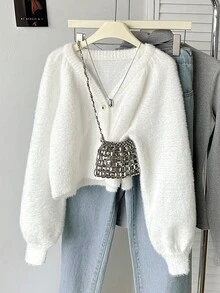 SHEIN 少女套頭拉根袖毛絨針織開衫