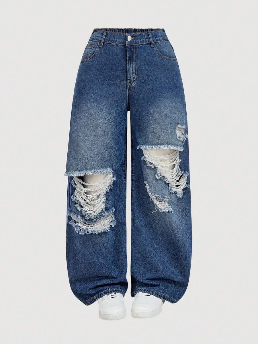 SHEIN MOD Plus Size Women Loose Fit Ripped Flare Leg Jeans, Blue - Dark Wash - View 1