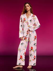 THE POWERPUFF GIRLS X SHEIN 女士可爱花朵、泡泡、毛茛图案长袖上衣和裤子睡衣套装，秋季女士睡衣，女士家居服，花卉睡衣套装，女士睡衣，秋冬服装
