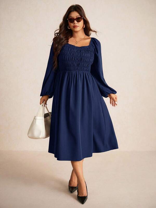 Elaquor Vestido de mujer de talla grande, elegante, casual, versátil, romántico, ajustado y de largo medio con cuello cuadrado en color café