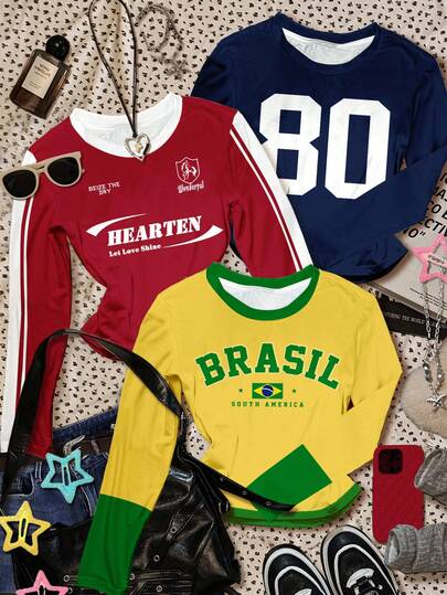 3pcs Vintage Street Style Graphic Tees, Dopamine Indigo Blue, Retro Red, Bright Yellow, Featuring Numeric, Alphabet Prints, Retro Aesthetic, Preppy Campus Vibe, City Walk Streetwear, Casual Slim Fit Cropped Long Sleeve T-Shirts For Teen Girls, Suitable For Autumn/Winter