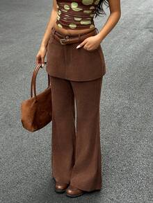 SHEIN EZwear Women's Solid Color Brown Double Layer Fitted Corduroy Flared Casual Pants,Street Wear,Fall/Winter Pants - Brown - View 5