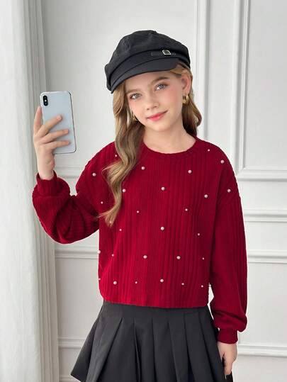 SHEIN Tween Girl Knitted Fuzzy Ribbed Studded Crew Neck Loose Long Sleeve T-Shirt, Casual Ladylike, Suitable For Autumn/Winter Red Tops For Tween Girls Girl Winter Clothes