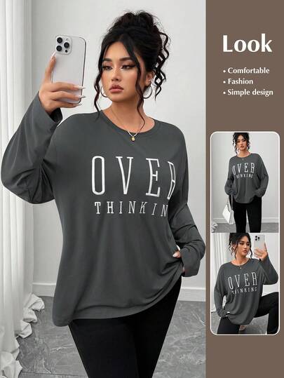 SHEIN LUNE CURVE Plus Size Casual Embroidered Round Neck Long Sleeve T-Shirt