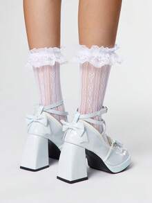 ROMWE Kawaii 女式黑色高跟玛丽珍鞋，带绑带，防水台，洛丽塔哥特式蝴蝶结甜美 JK 风格浅口鞋 - 藍色 - 查看 5