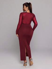 NU&NOW Plus Size Women's Long-Sleeved Round Neck Mesh Panel Fitted Sexy New Year Party Dress - Red - View 2
